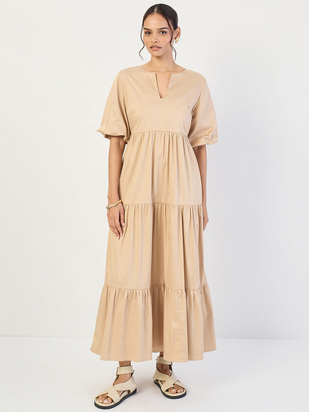Beige Cotton Tiered Maxi Dress