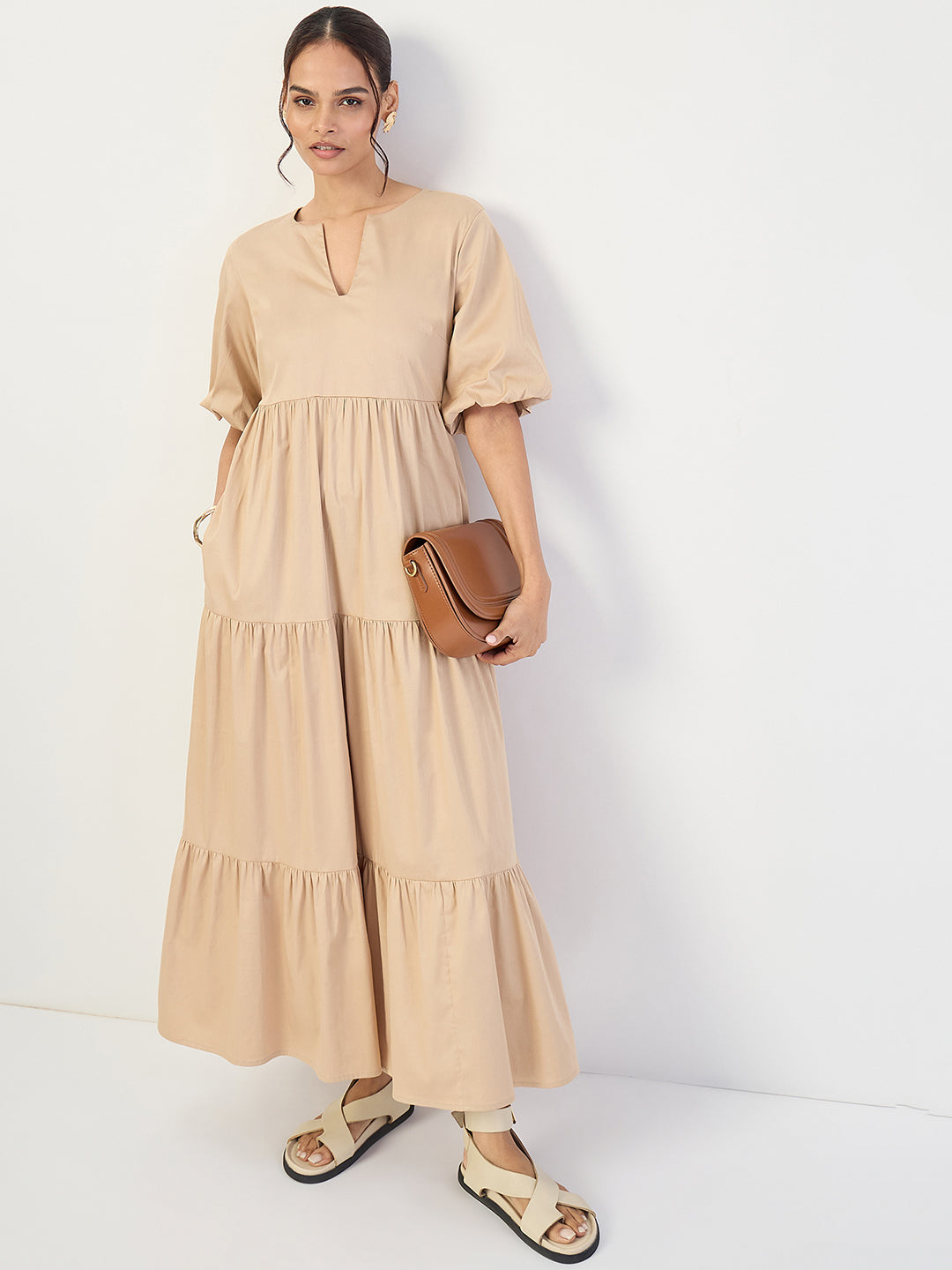 Beige Cotton Tiered Maxi Dress