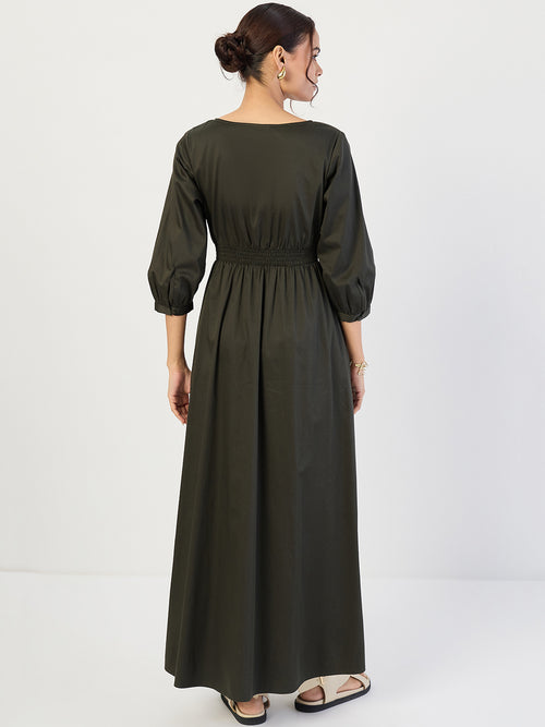 Olive Cotton Corset Detailing Maxi Dress