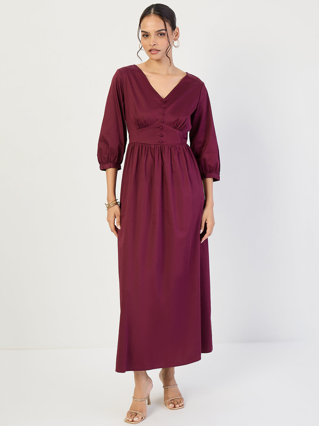 Wine Cotton Corset Detailing Maxi Dress