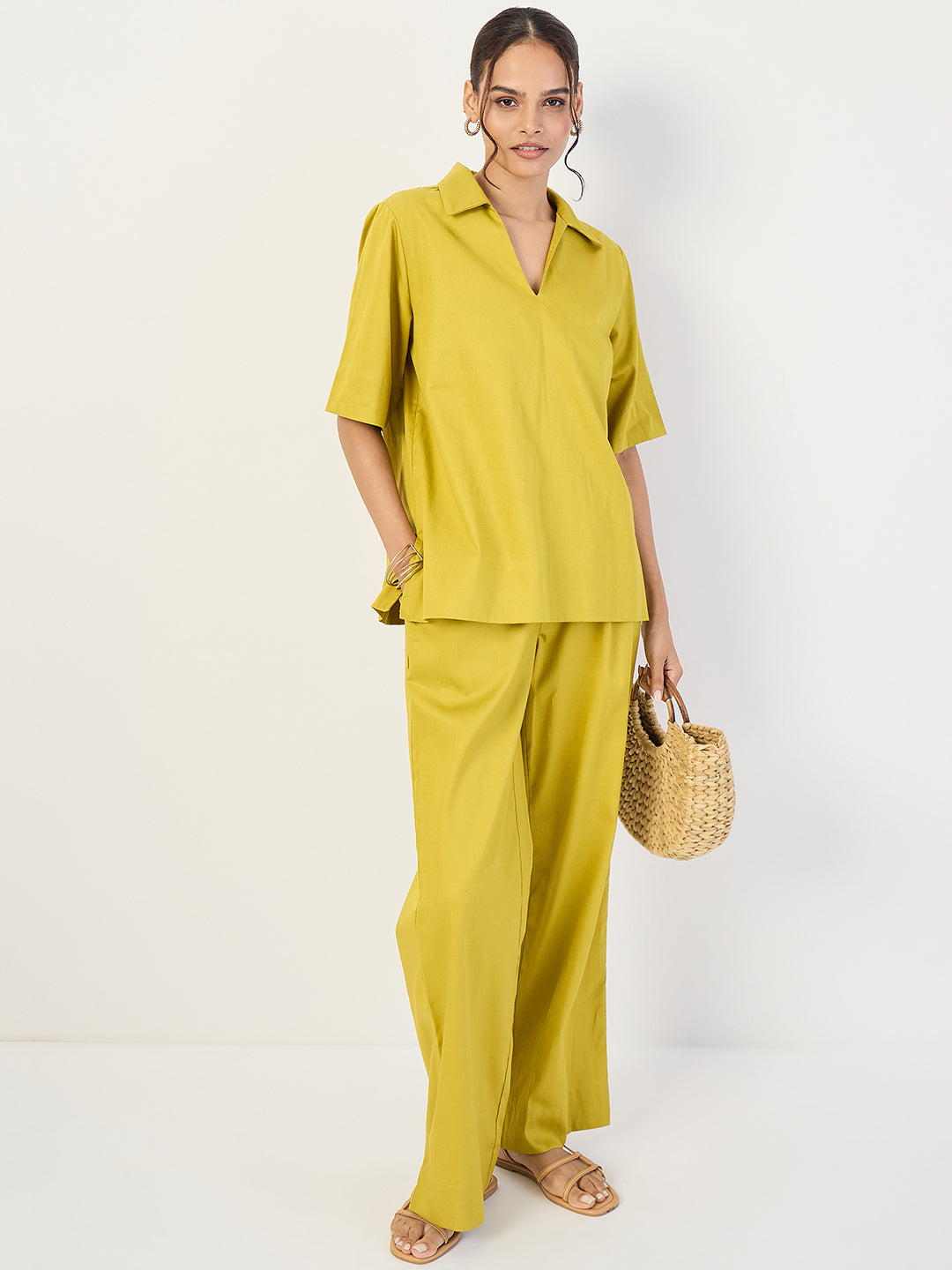 Citrine Green Cotton Pin Tuck Detail Co-Ord Set