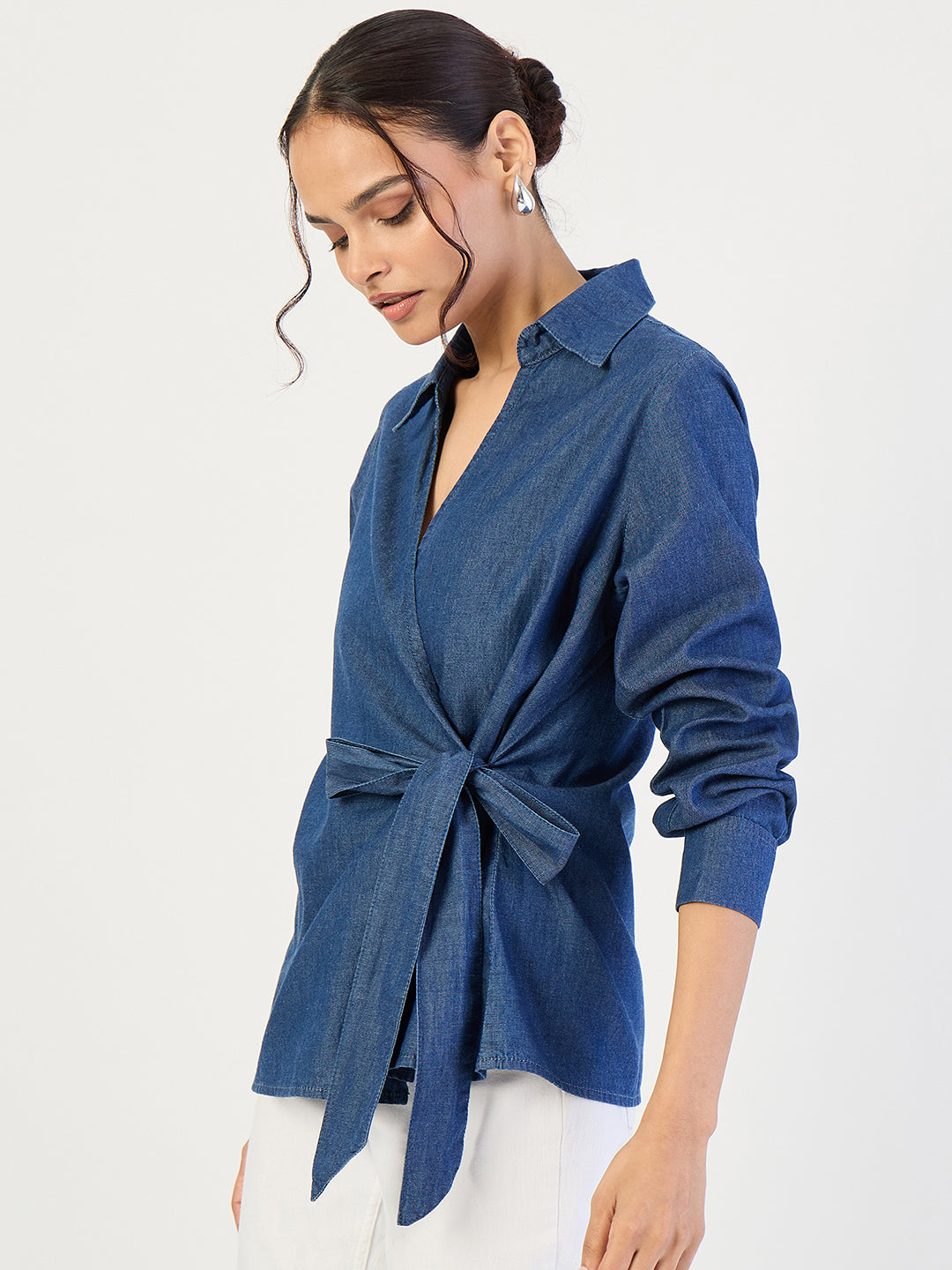 Navy Blue Denim Wrap Top