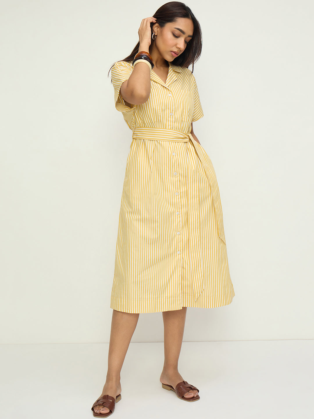 Yellow Stripe Button Down Midi Dress