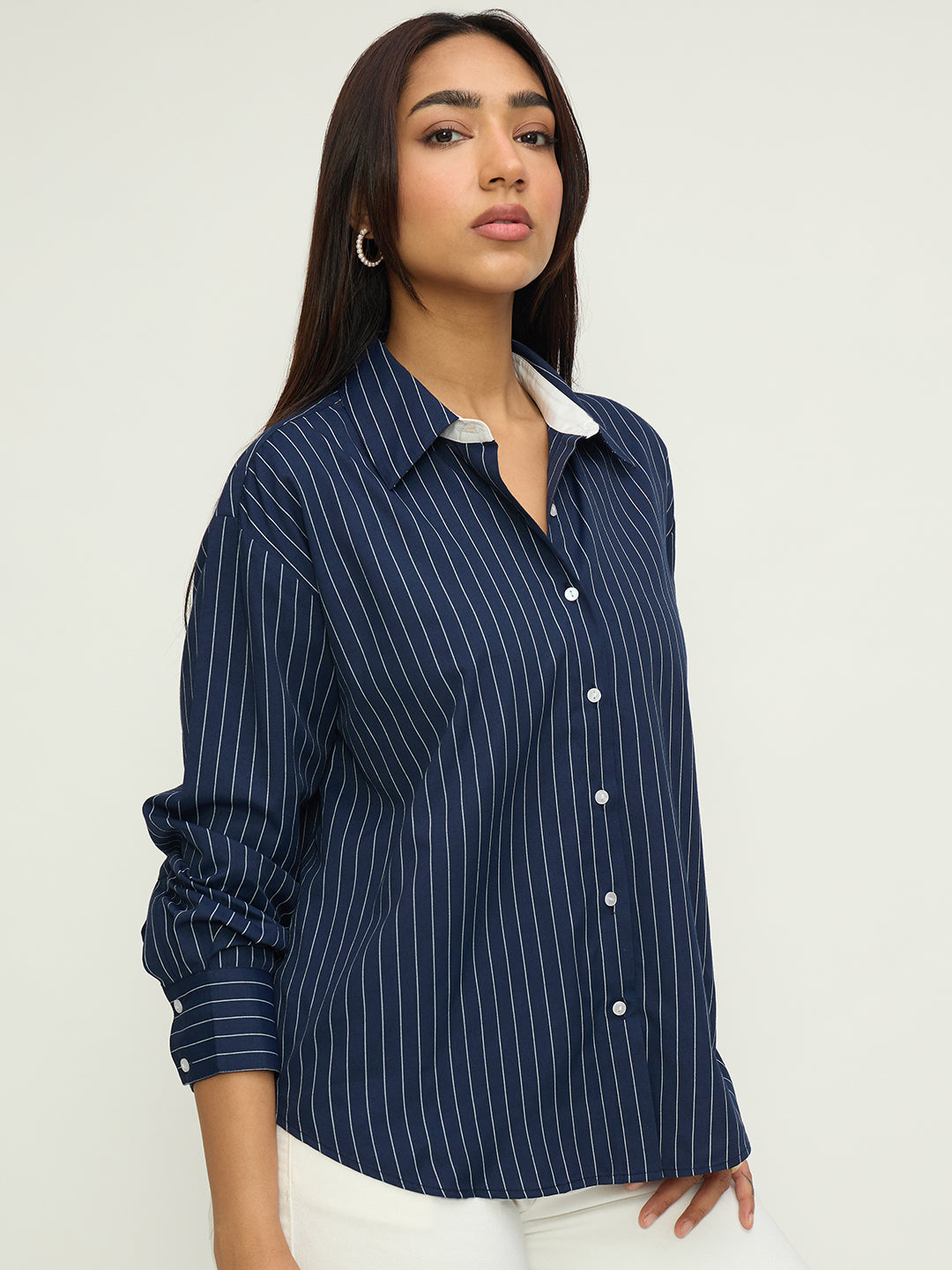 Navy Stripe Colorblock Oversized Shirt