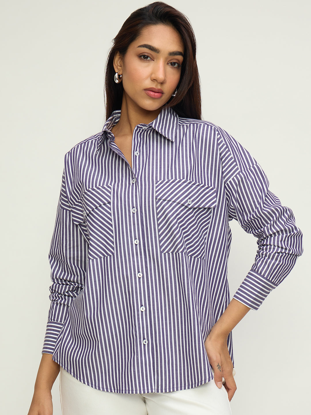 Purple Stripe Dual Pocket Oversized Shirt