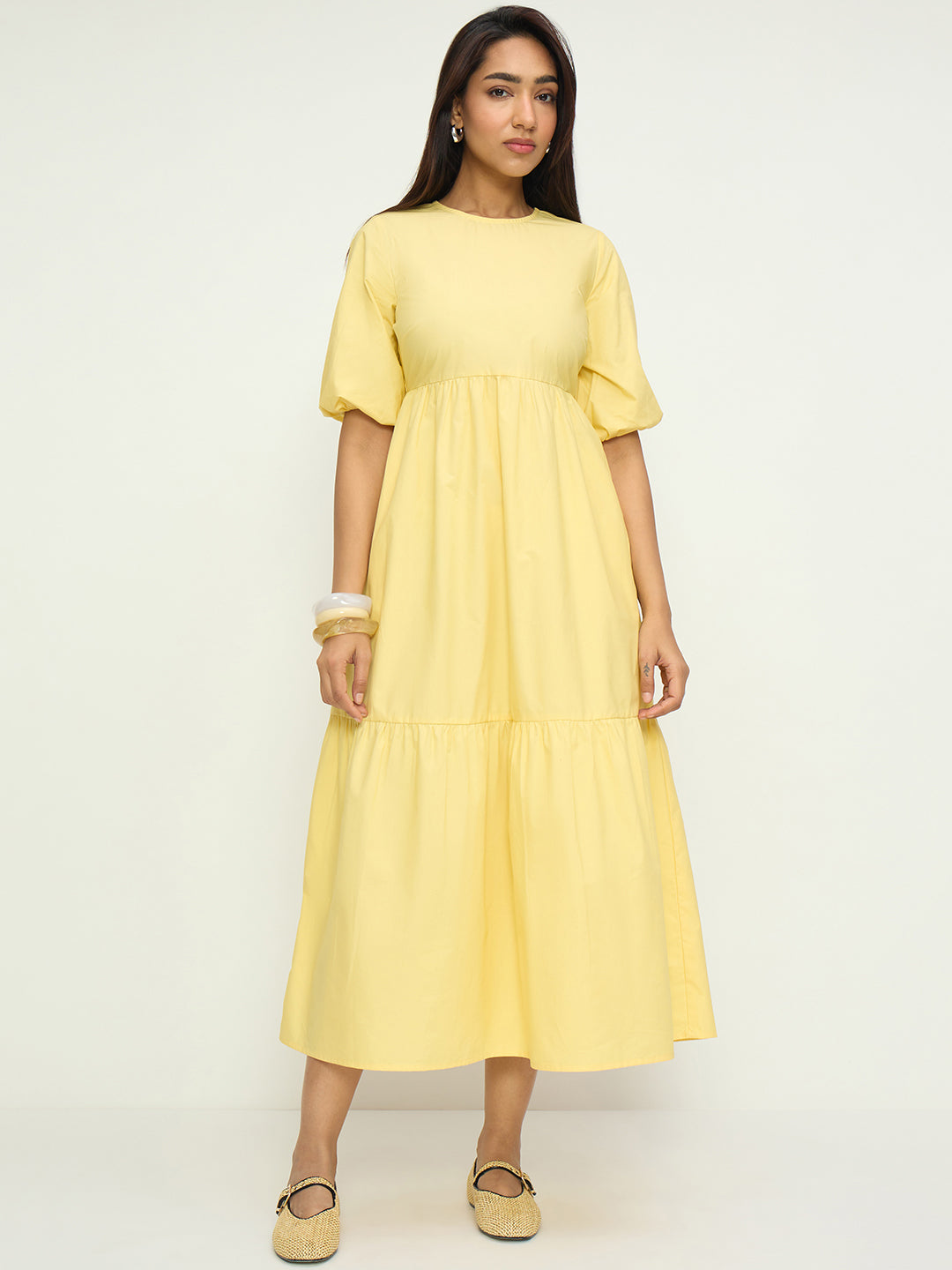 Butter Yellow Poplin Tiered Maxi Dress