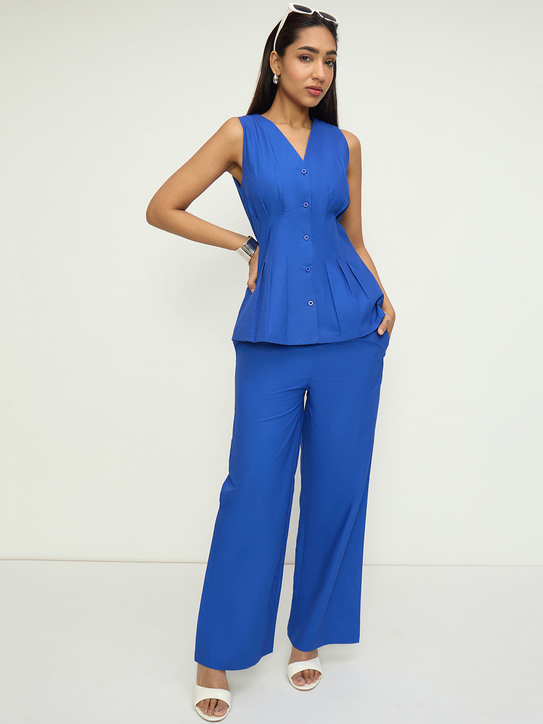 Royal Blue Poplin Pleat Detail Co-Ord Set