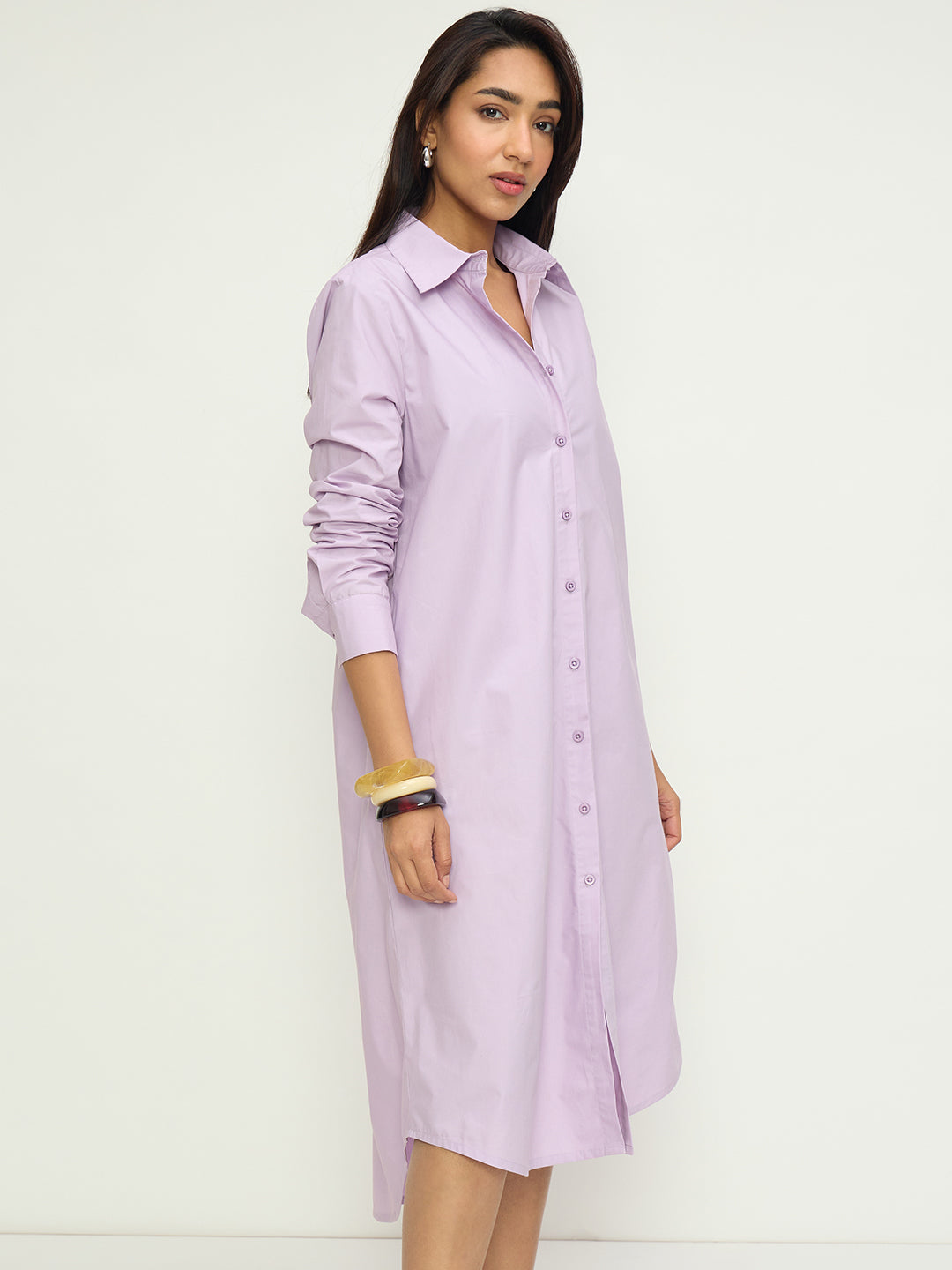 CrispCotton Lilac Asymmetrical Shirt Midi Dress