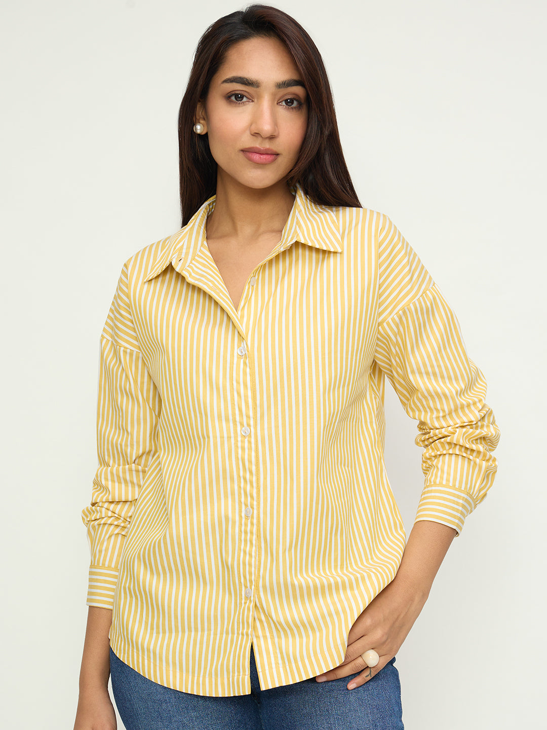 Yellow Stripe Back Button Detail Shirt
