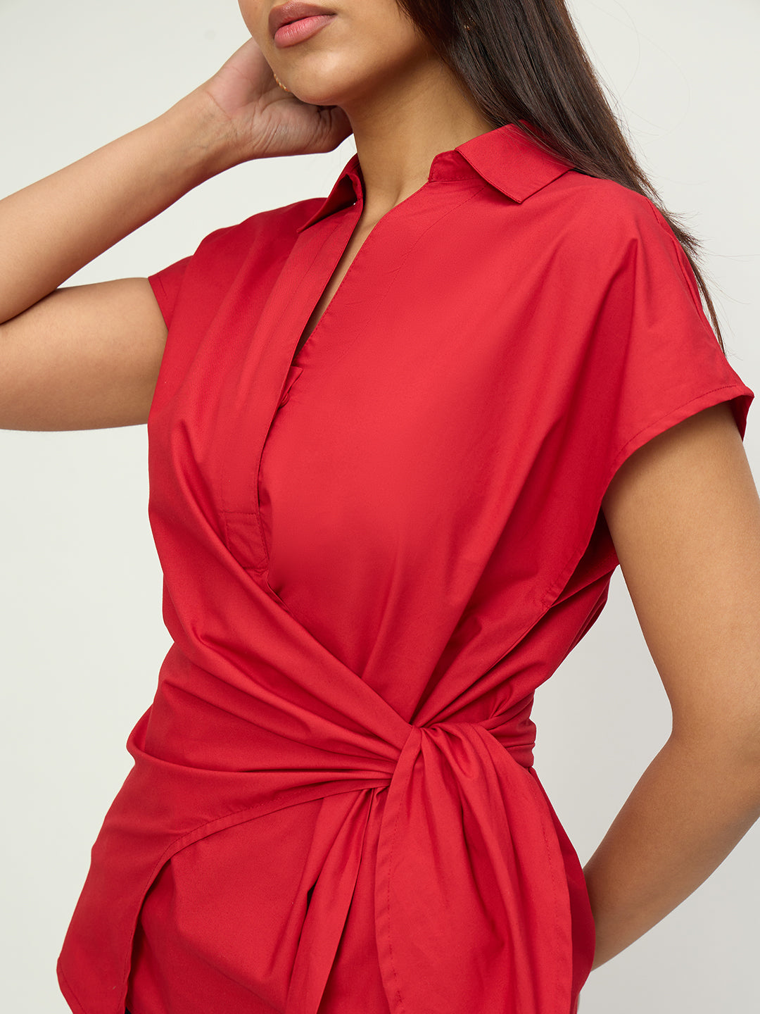 Red Poplin Wrap Top