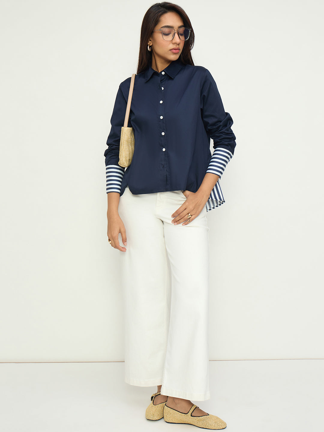 Navy Cotton With Stripes Detail Shirt