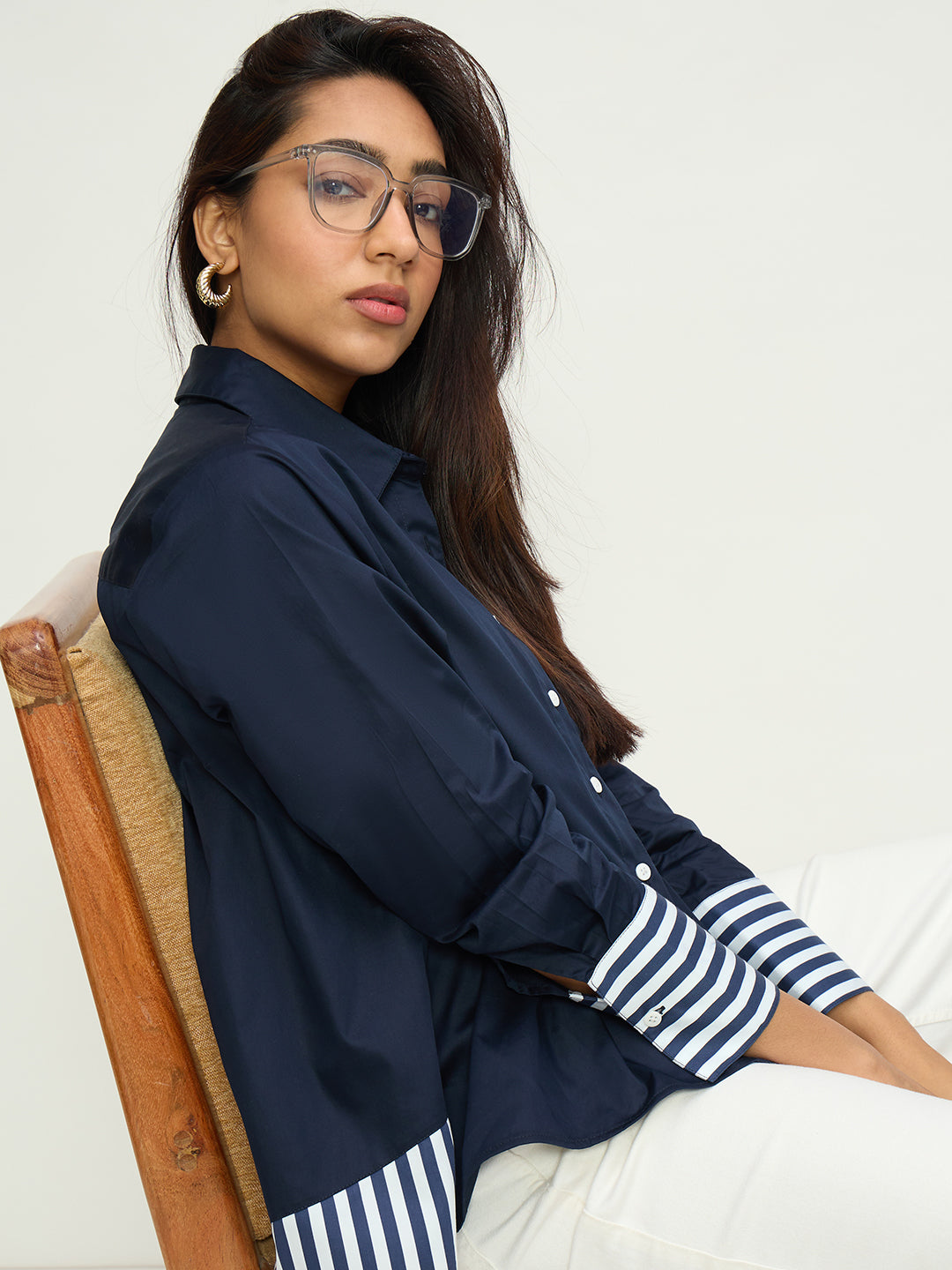 Navy Cotton With Stripes Detail Shirt