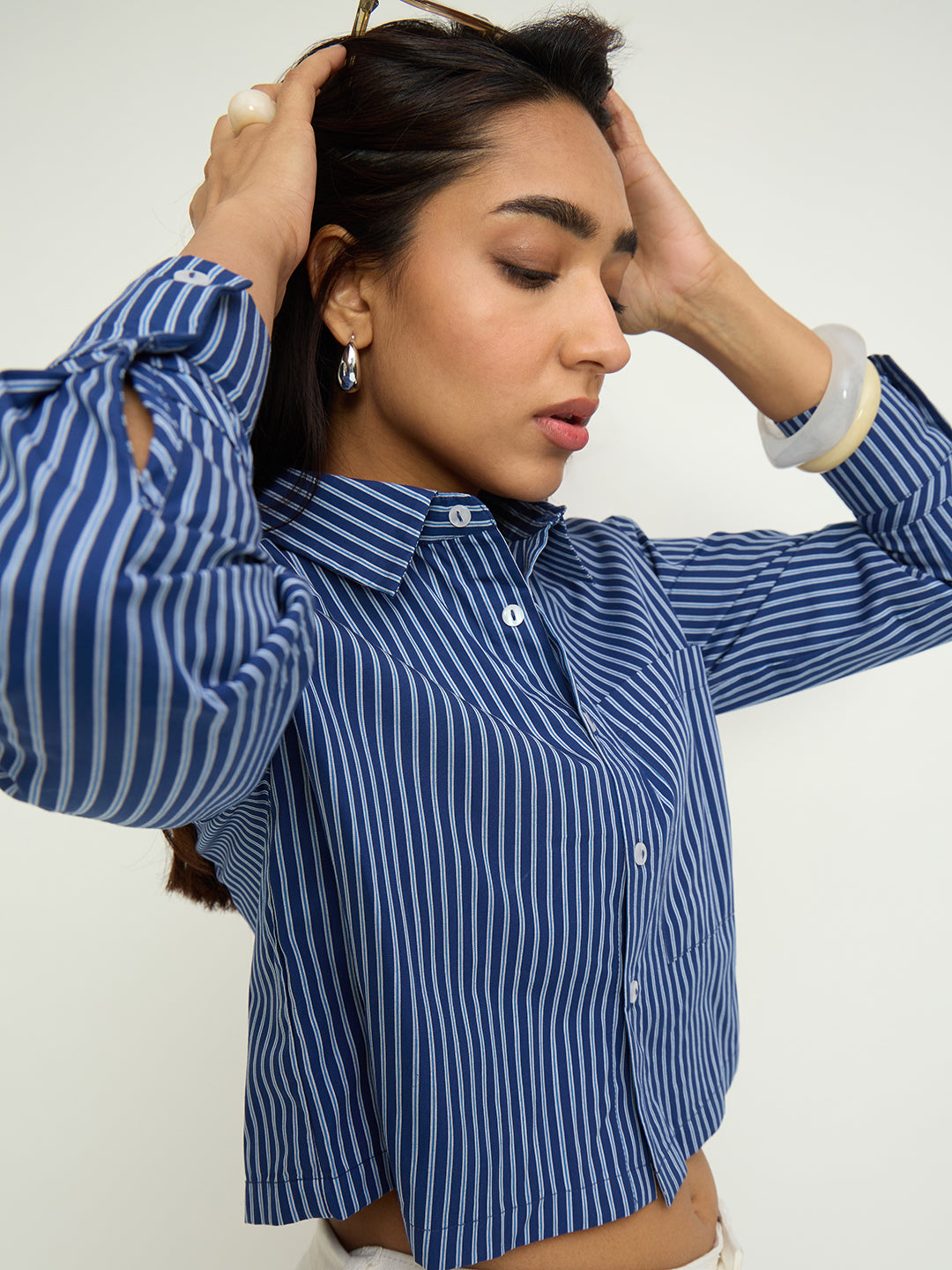 Navy Stripe Straight-Hem Crop Shirt