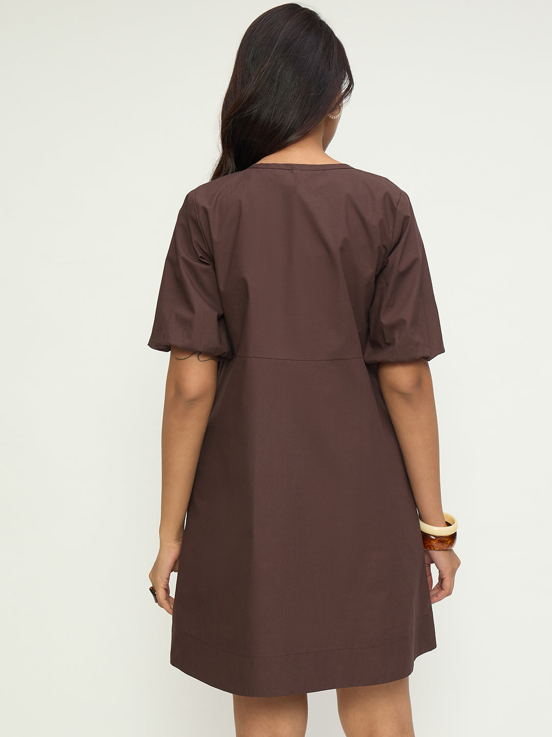 CrispCotton Mocha Front Tie-Up Mini Dress