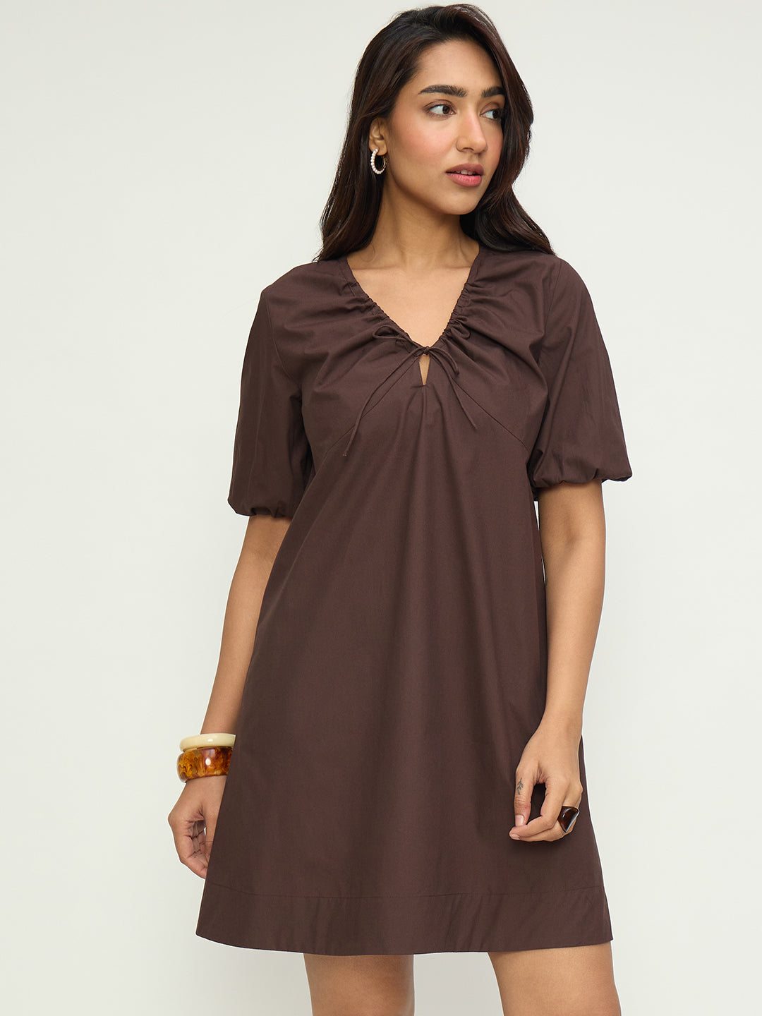 CrispCotton Mocha Front Tie-Up Mini Dress