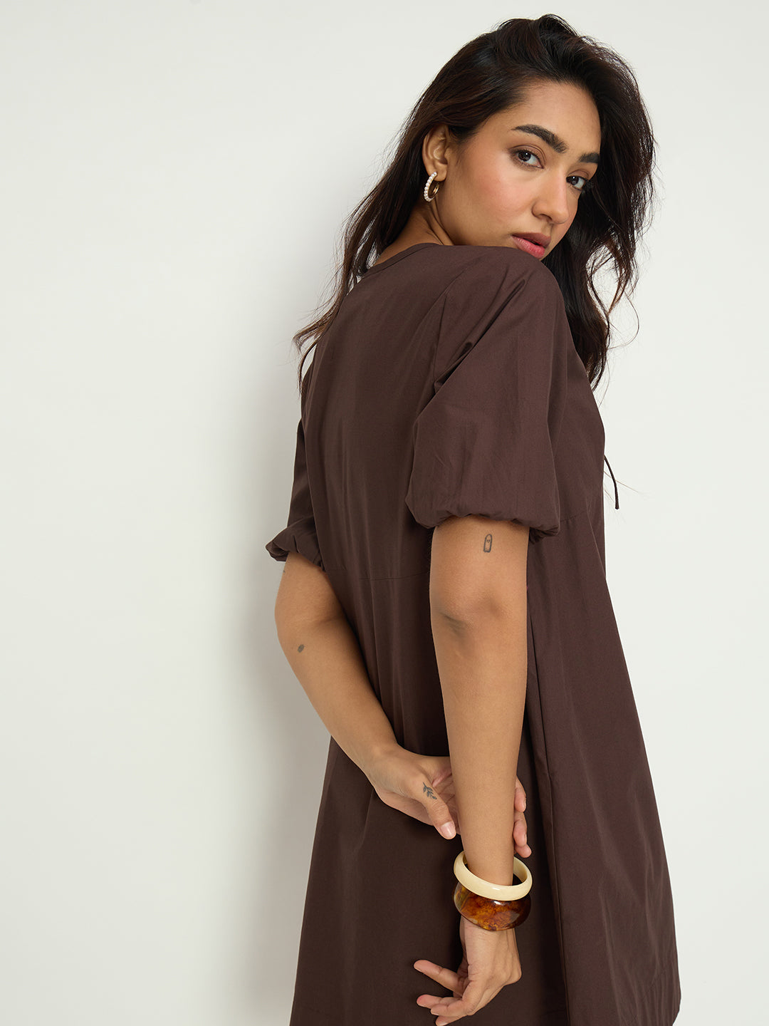 CrispCotton Mocha Front Tie-Up Mini Dress