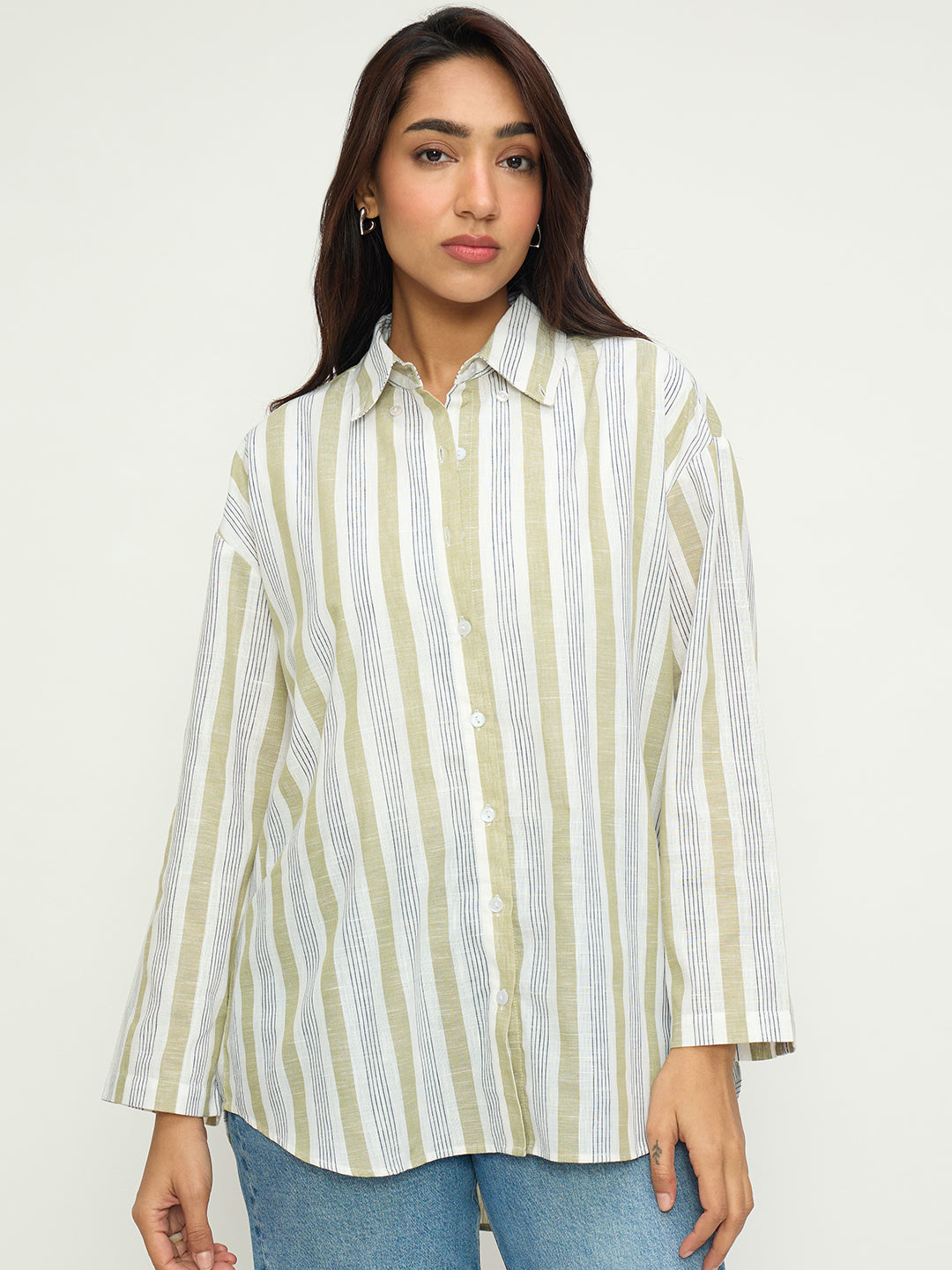 Olive Stripe Cotton Linen Oversized Longline Shirt