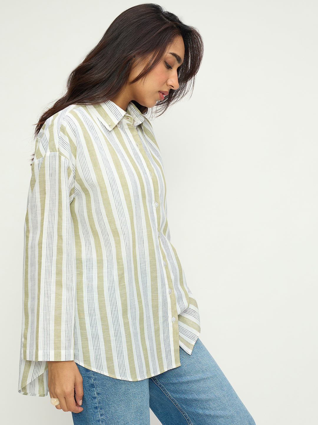 Olive Stripe Cotton Linen Oversized Longline Shirt