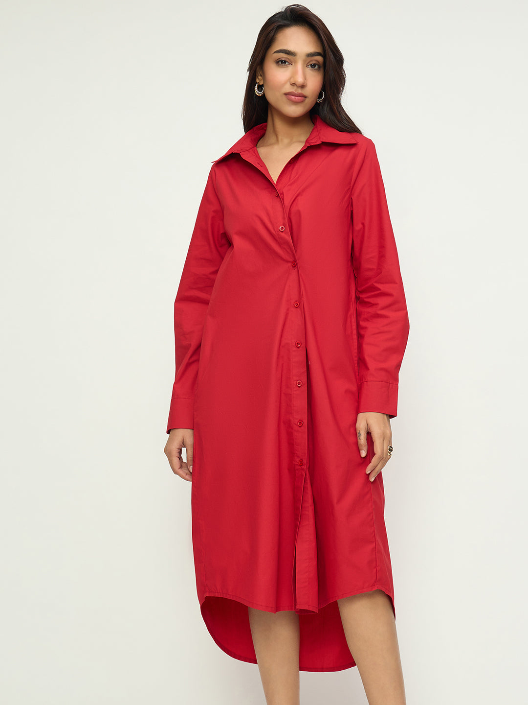 CrispCotton Red Asymmetrical Shirt Midi Dress