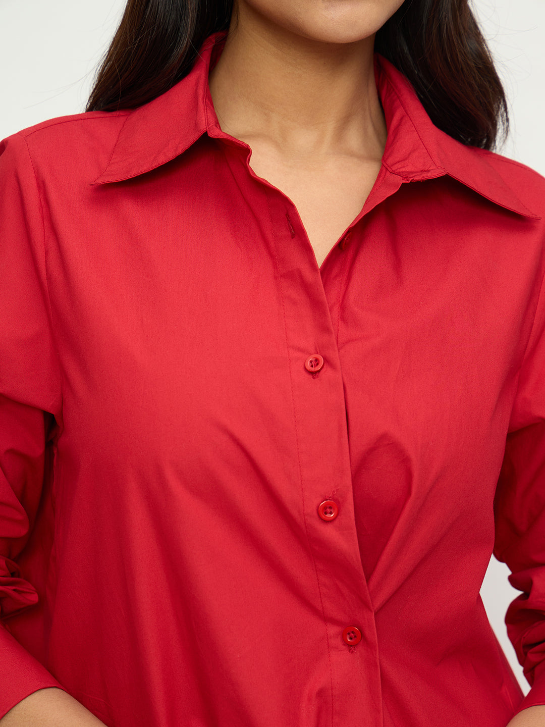 CrispCotton Red Asymmetrical Shirt Midi Dress