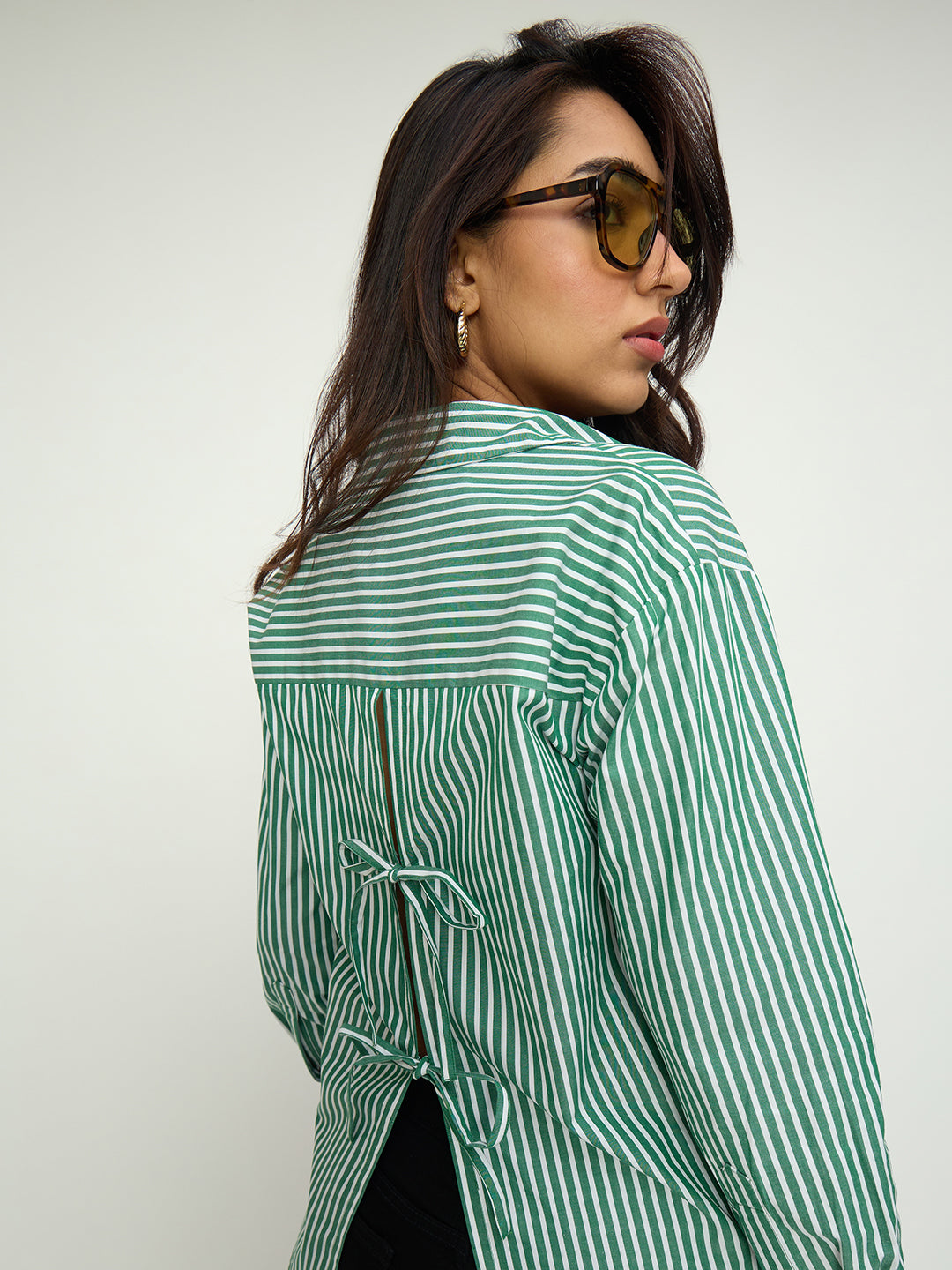 Green Stripe Back Tie-Up Detail Shirt
