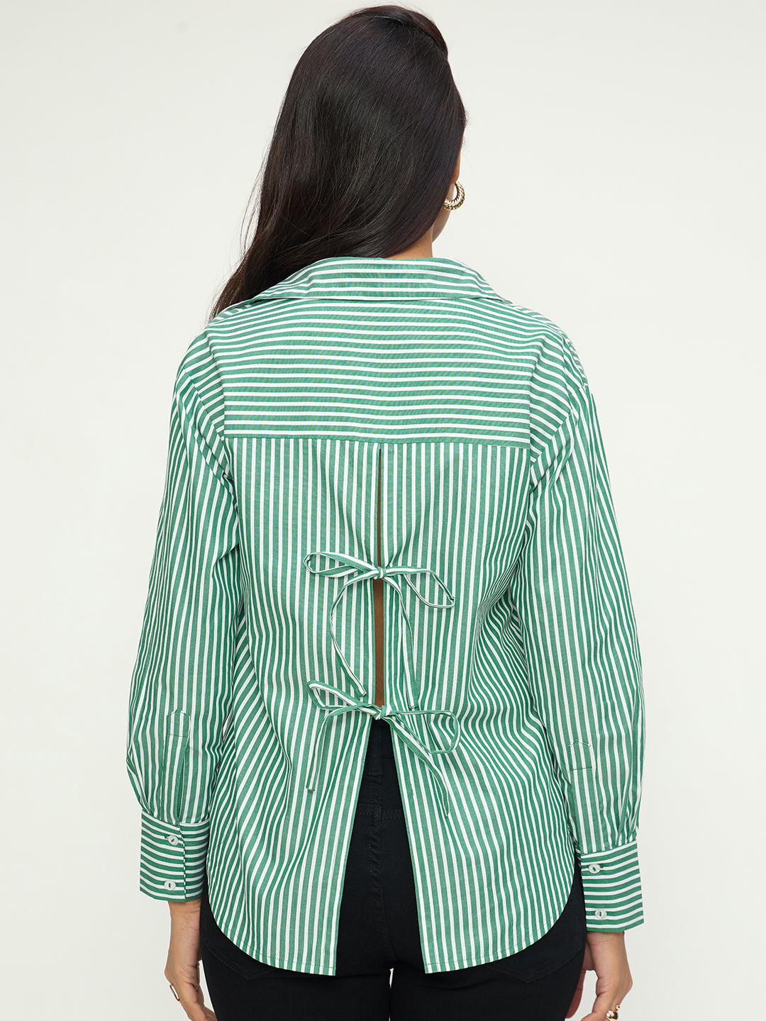 Green Stripe Back Tie-Up Detail Shirt