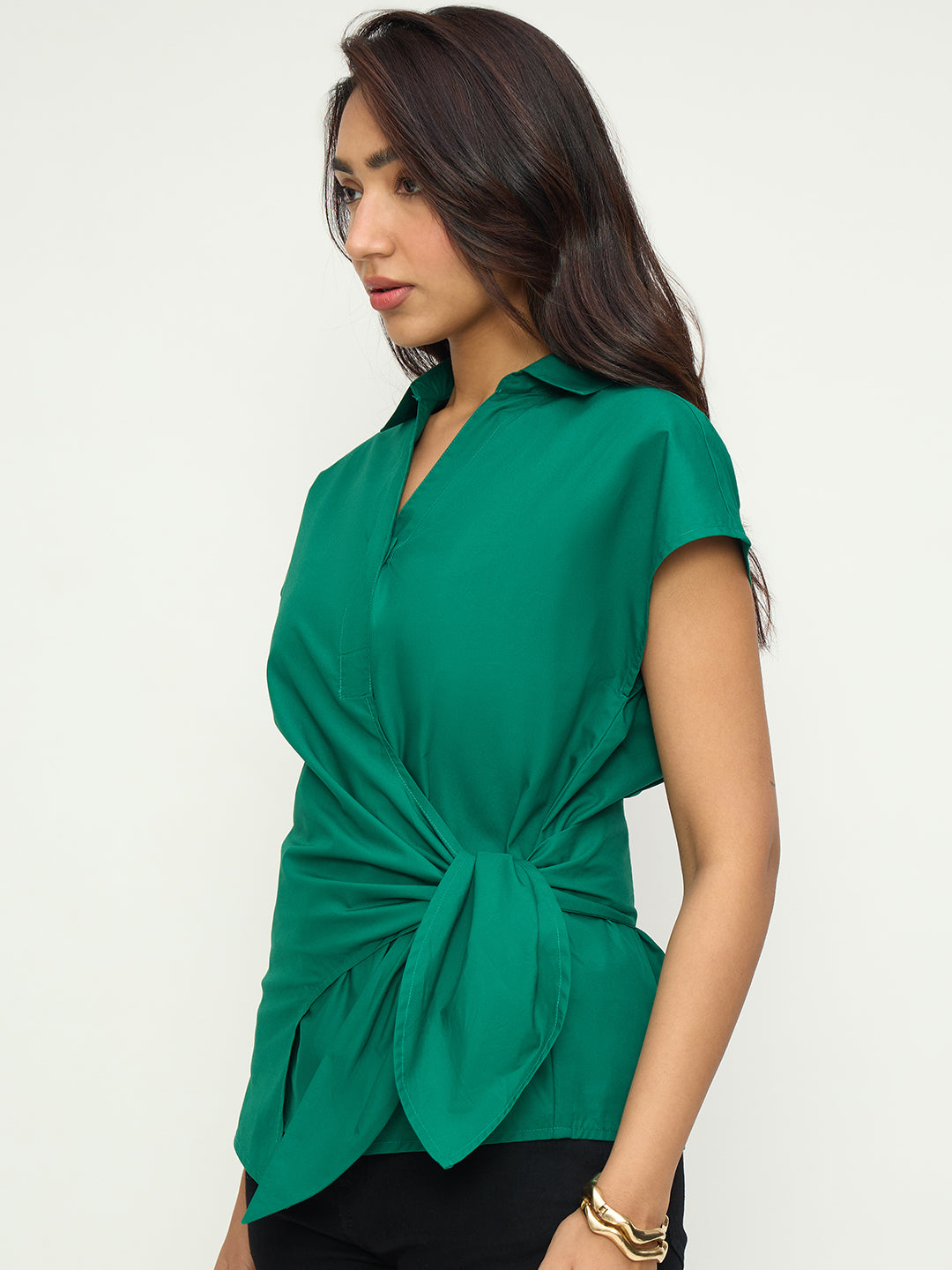 Green Poplin Wrap Top