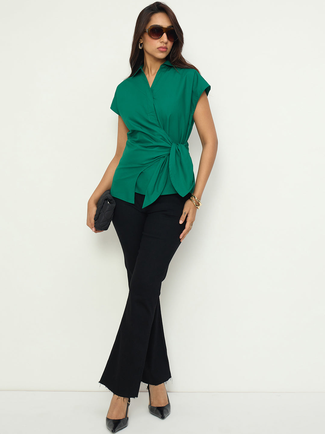 Green Poplin Wrap Top