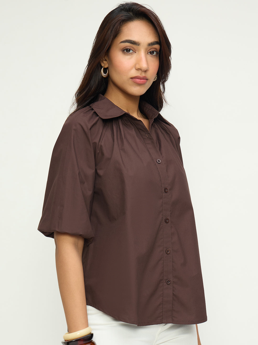 Coffee Brown Poplin Raglan Sleeve Shirt
