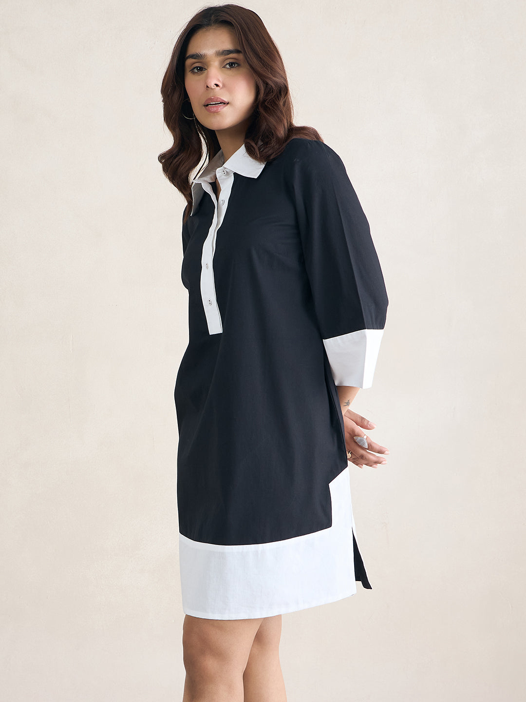 Black Colorblock Knee Length Shirt Dress