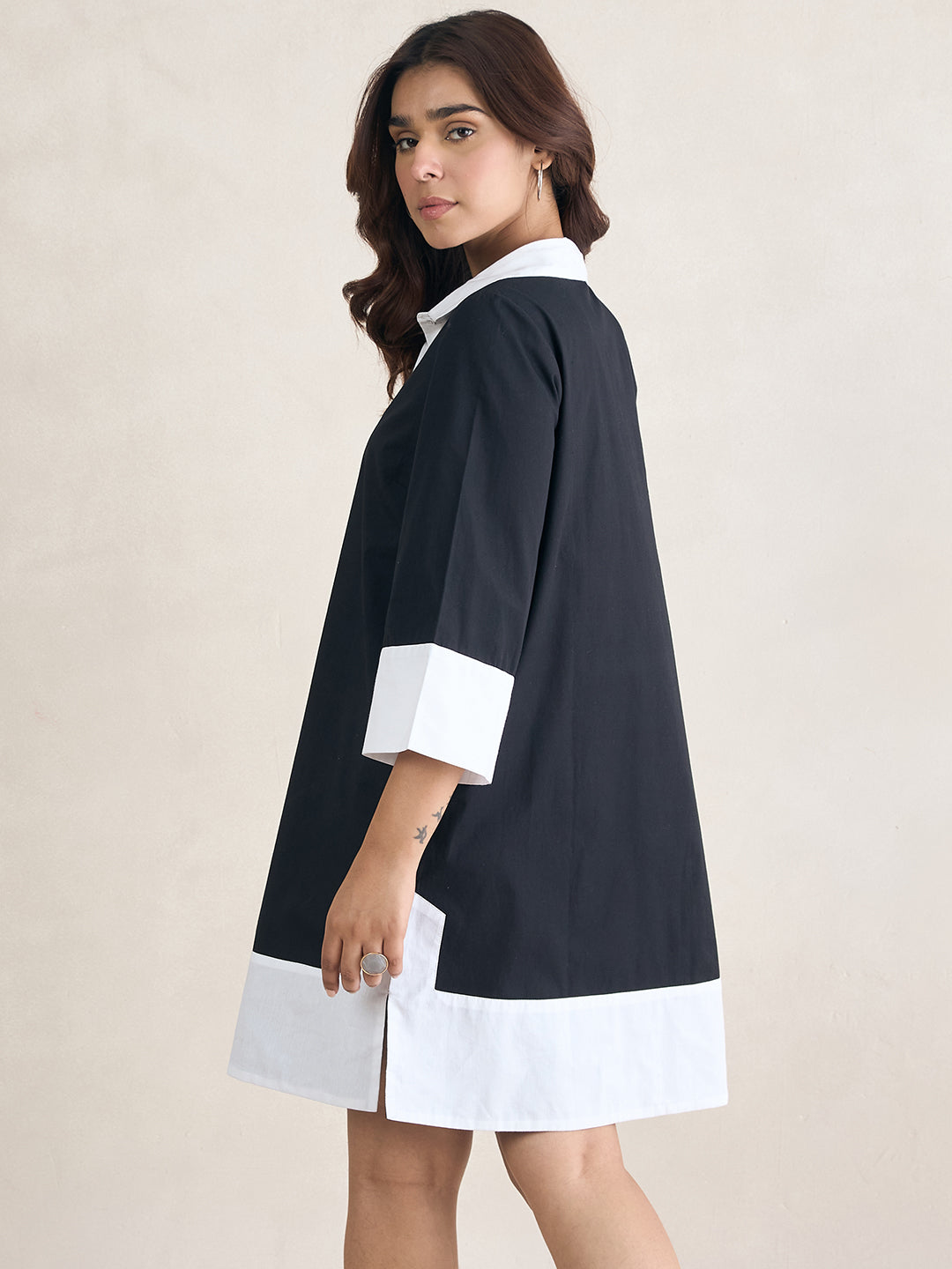 Black Colorblock Knee Length Shirt Dress