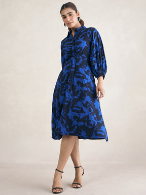Blue Abstract Printed Shirt Midi Dress