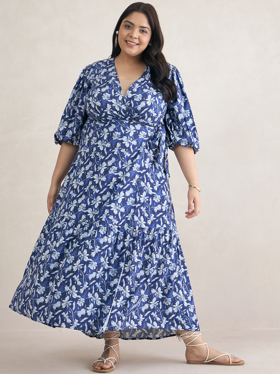 Blue Floral Printed Wrap Maxi Dress