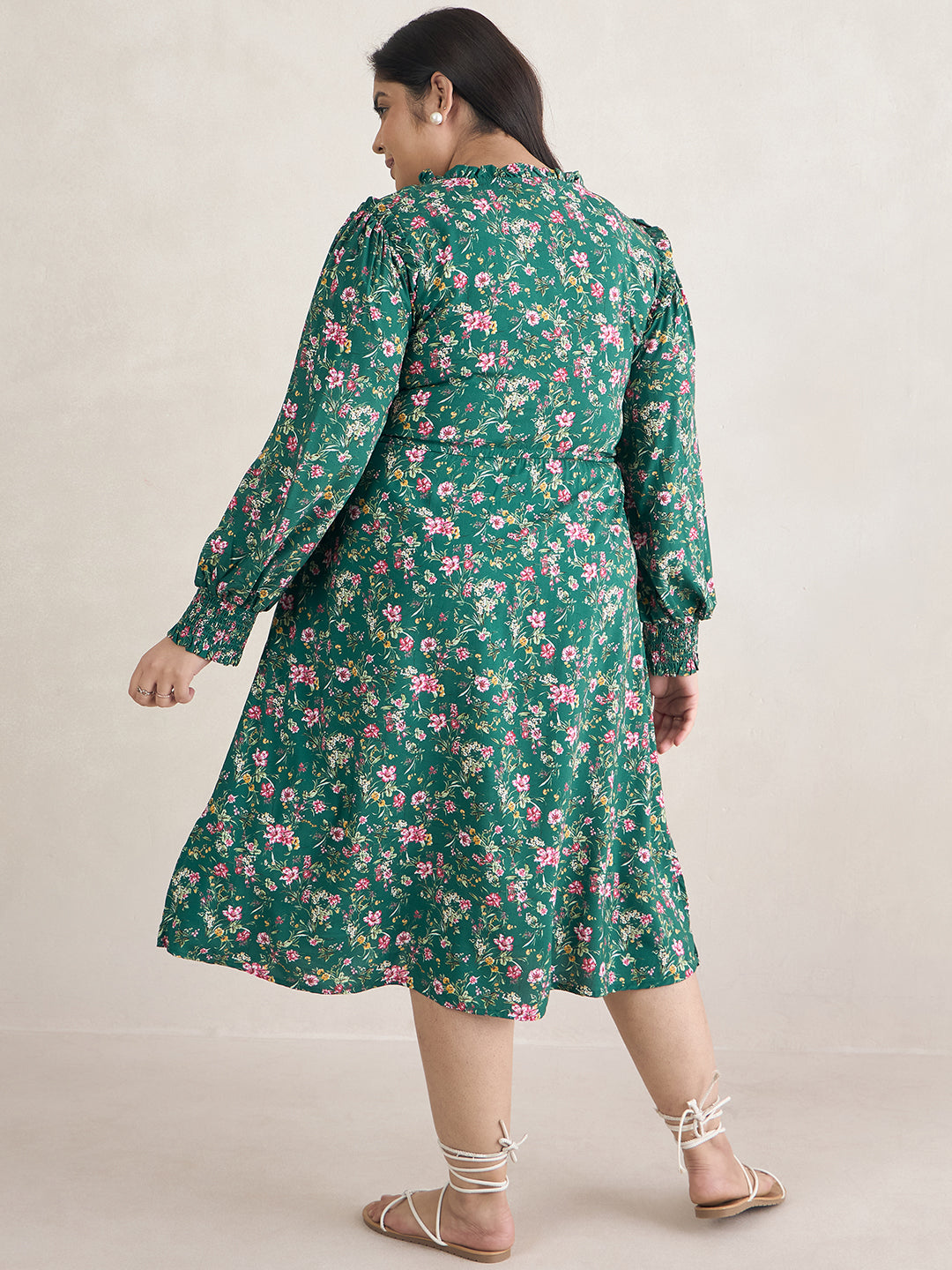 Green Floral Print Ruffle Detailed Midi Dress