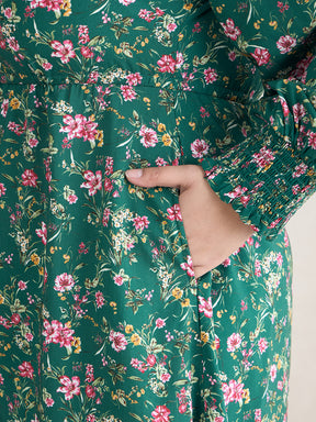 Green Floral Print Ruffle Detailed Midi Dress