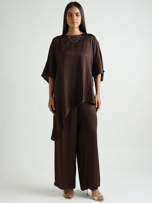 Coffee Brown Satin Asymmetric Co-Ord Set