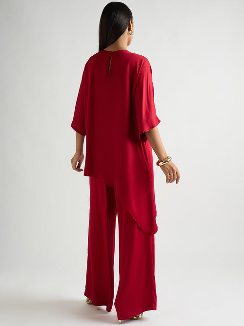 Deep Red Satin Asymmetric Co-Ord Set
