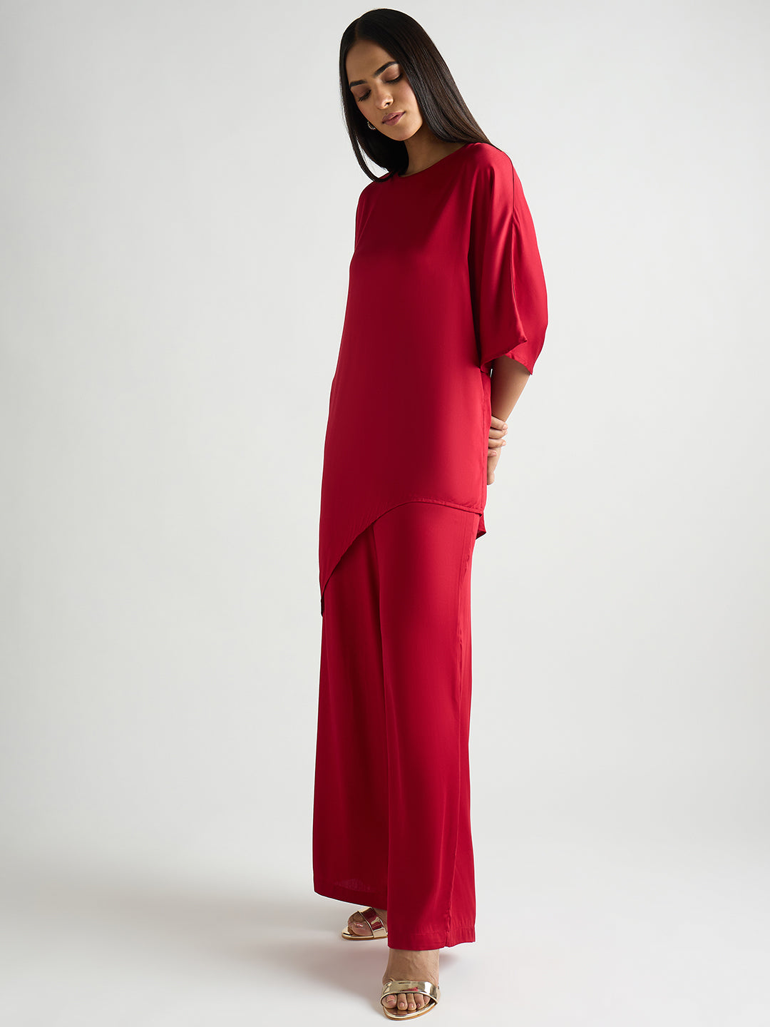 Deep Red Satin Asymmetric Co-Ord Set