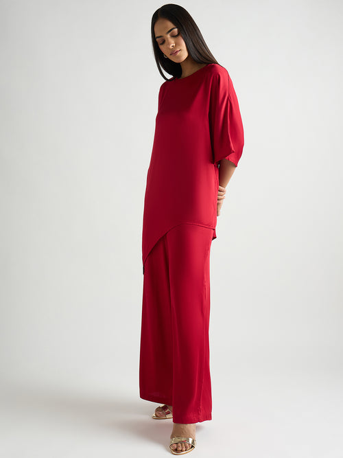 Deep Red Satin Asymmetric Co-Ord Set