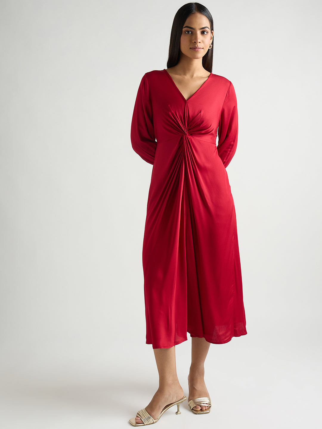 Deep Red Modal Satin Twist Detail Midi Dress