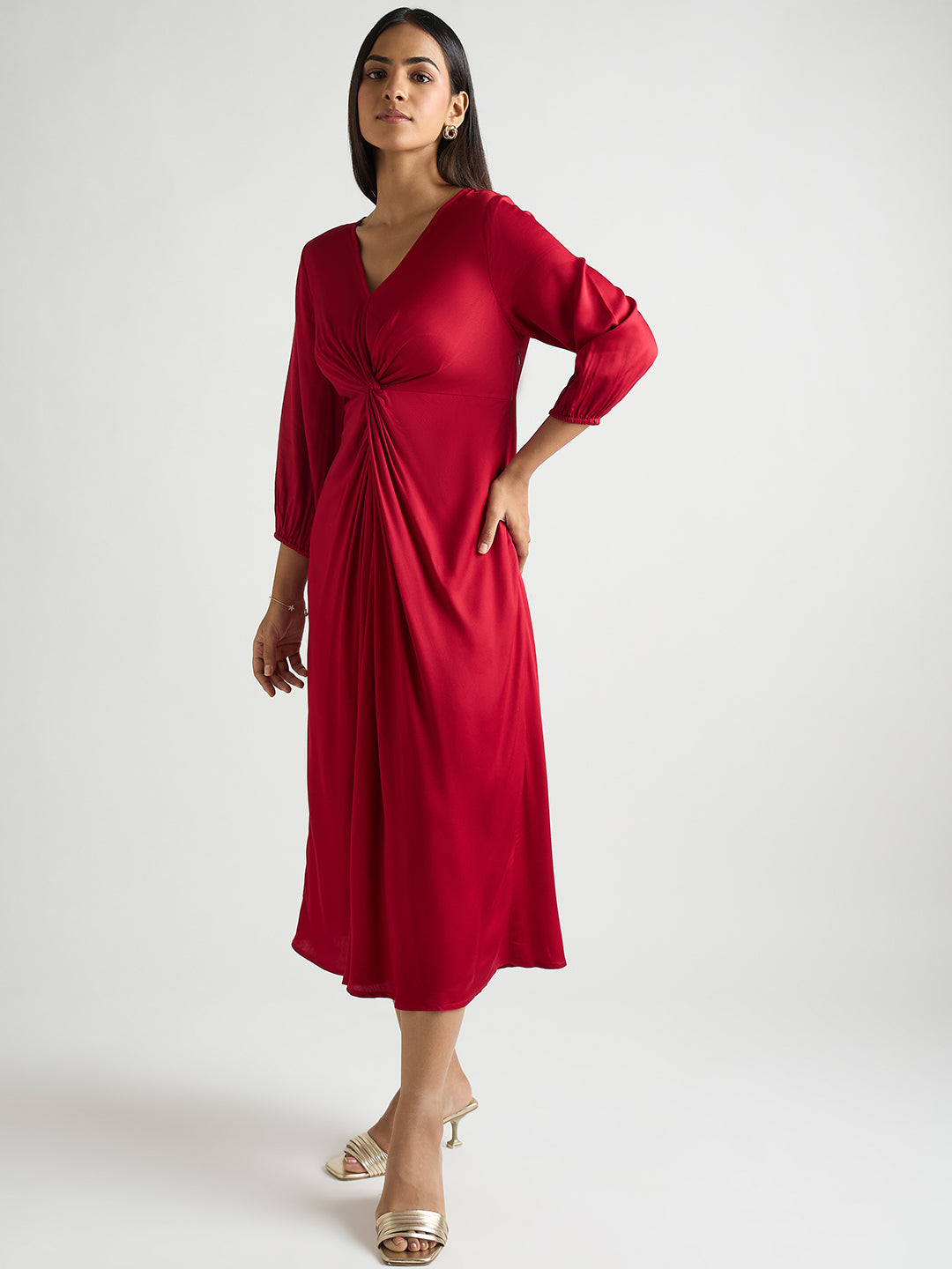 Deep Red Modal Satin Twist Detail Midi Dress