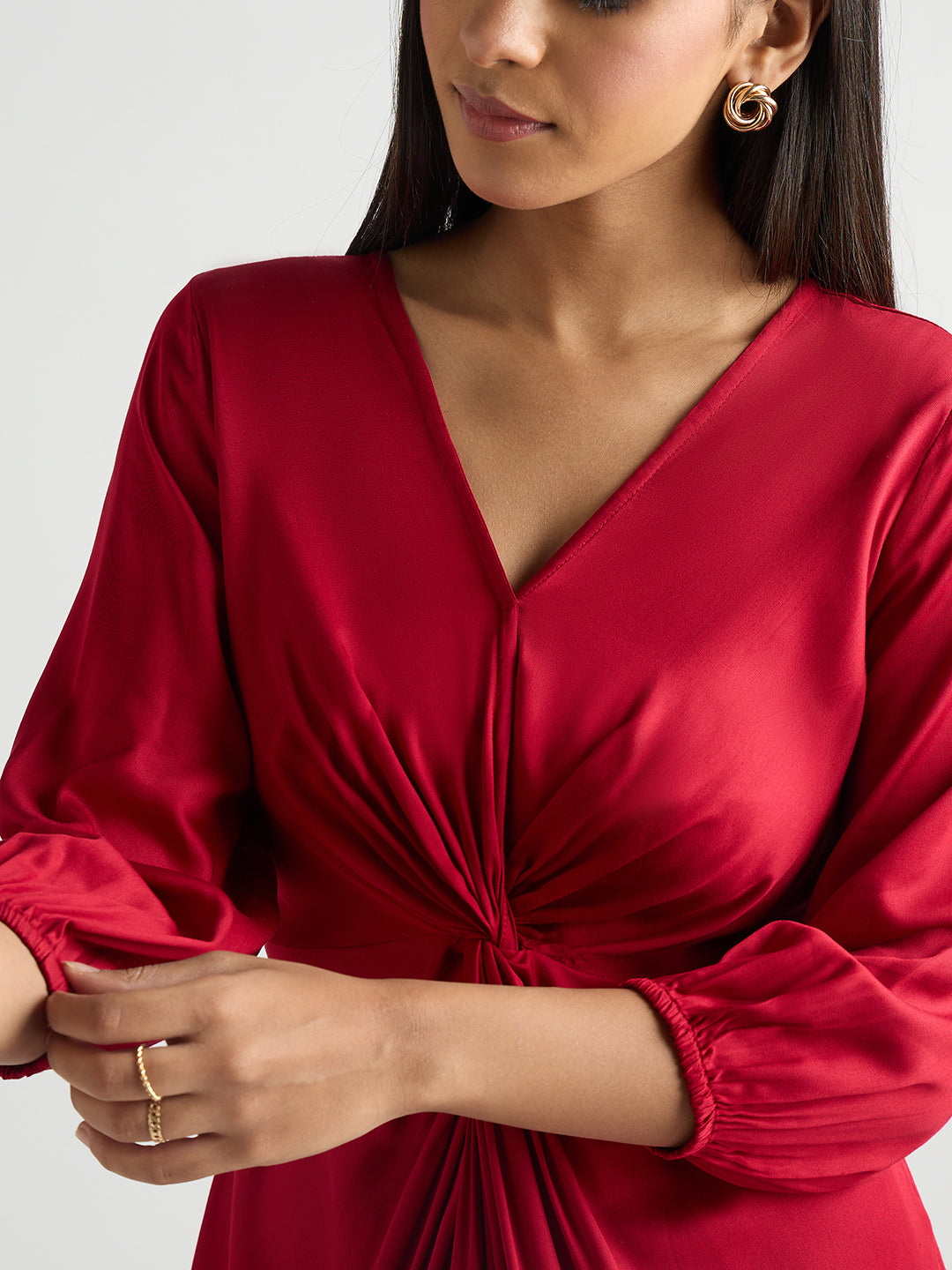 Deep Red Modal Satin Twist Detail Midi Dress