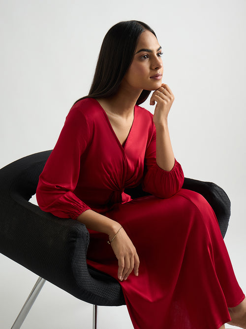 Deep Red Modal Satin Twist Detail Midi Dress