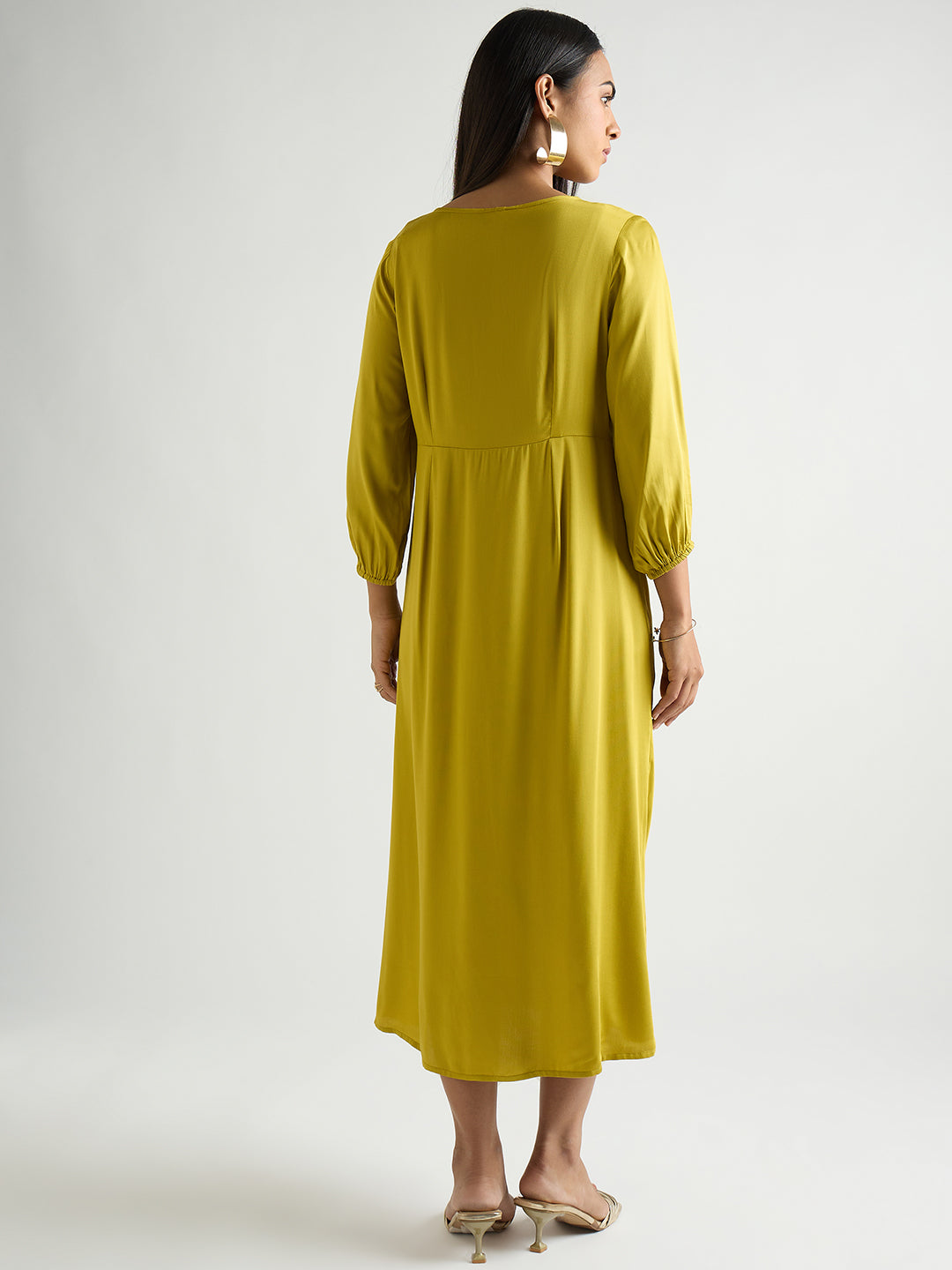 Citrine Green Modal Satin Twist Detail Midi Dress