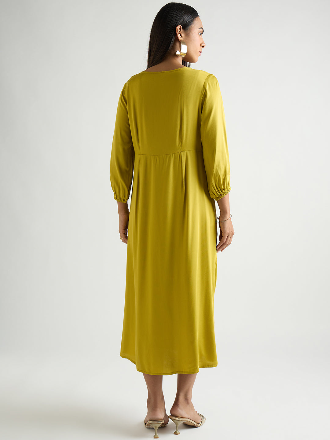 Citrine Green Modal Satin Twist Detail Midi Dress