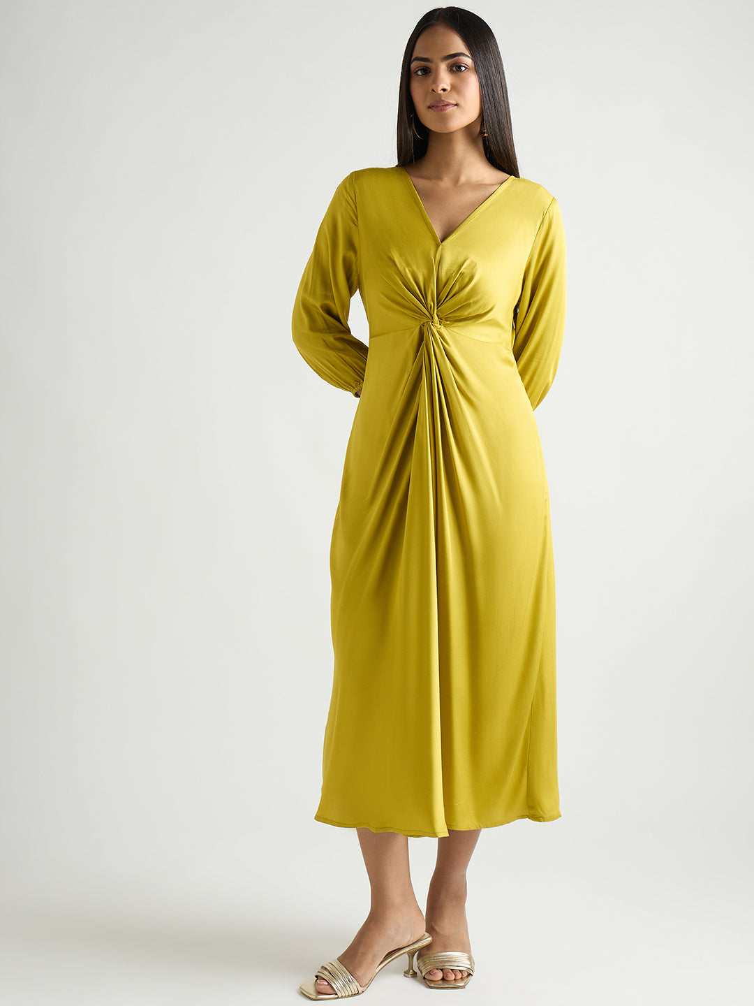 Citrine Green Modal Satin Twist Detail Midi Dress