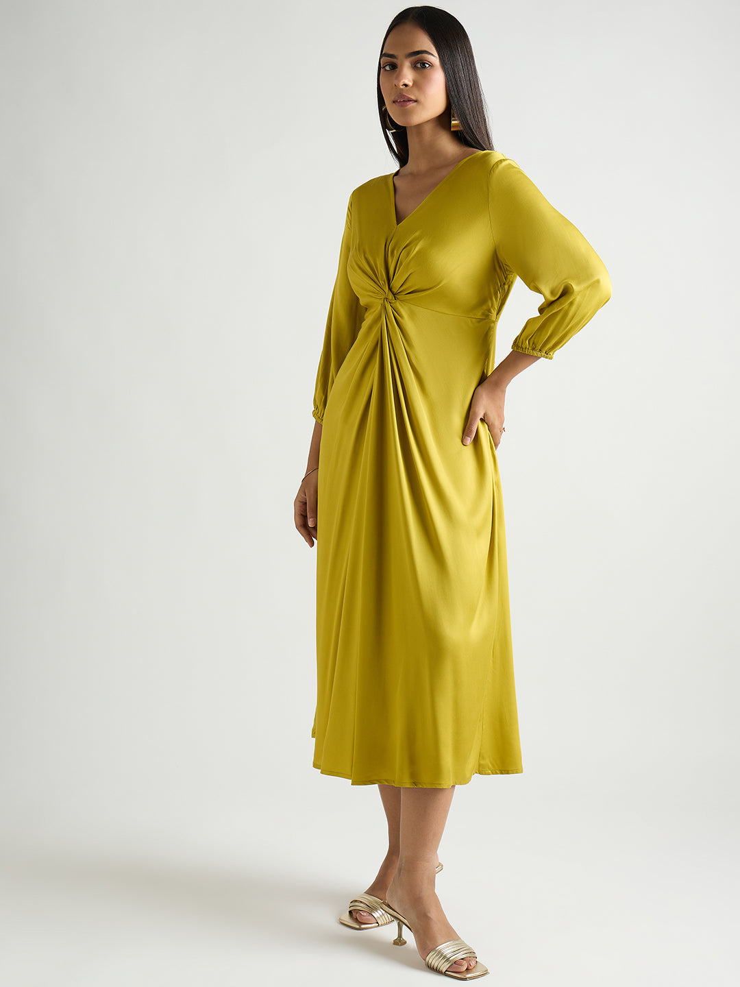 Citrine Green Modal Satin Twist Detail Midi Dress
