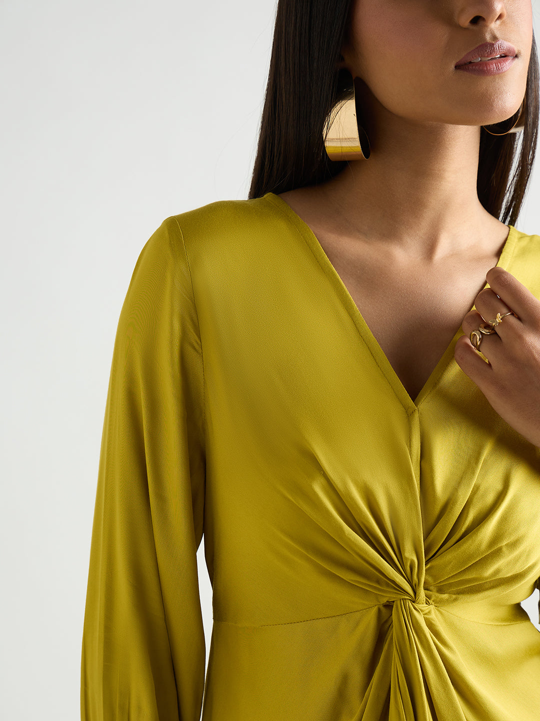 Citrine Green Modal Satin Twist Detail Midi Dress