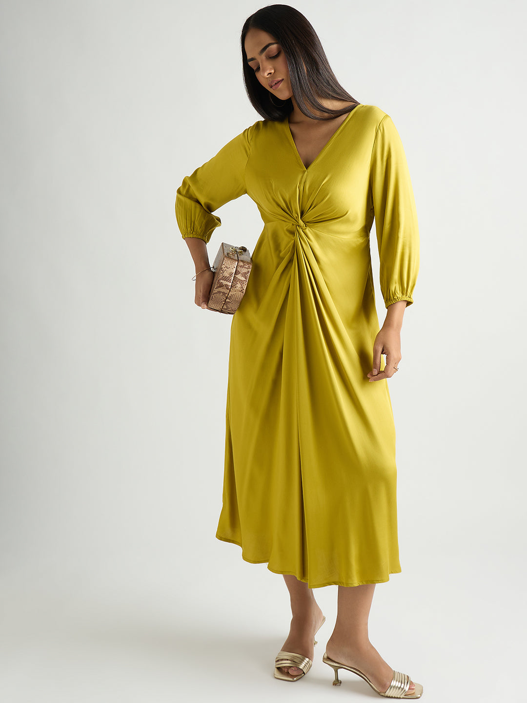 Citrine Green Modal Satin Twist Detail Midi Dress