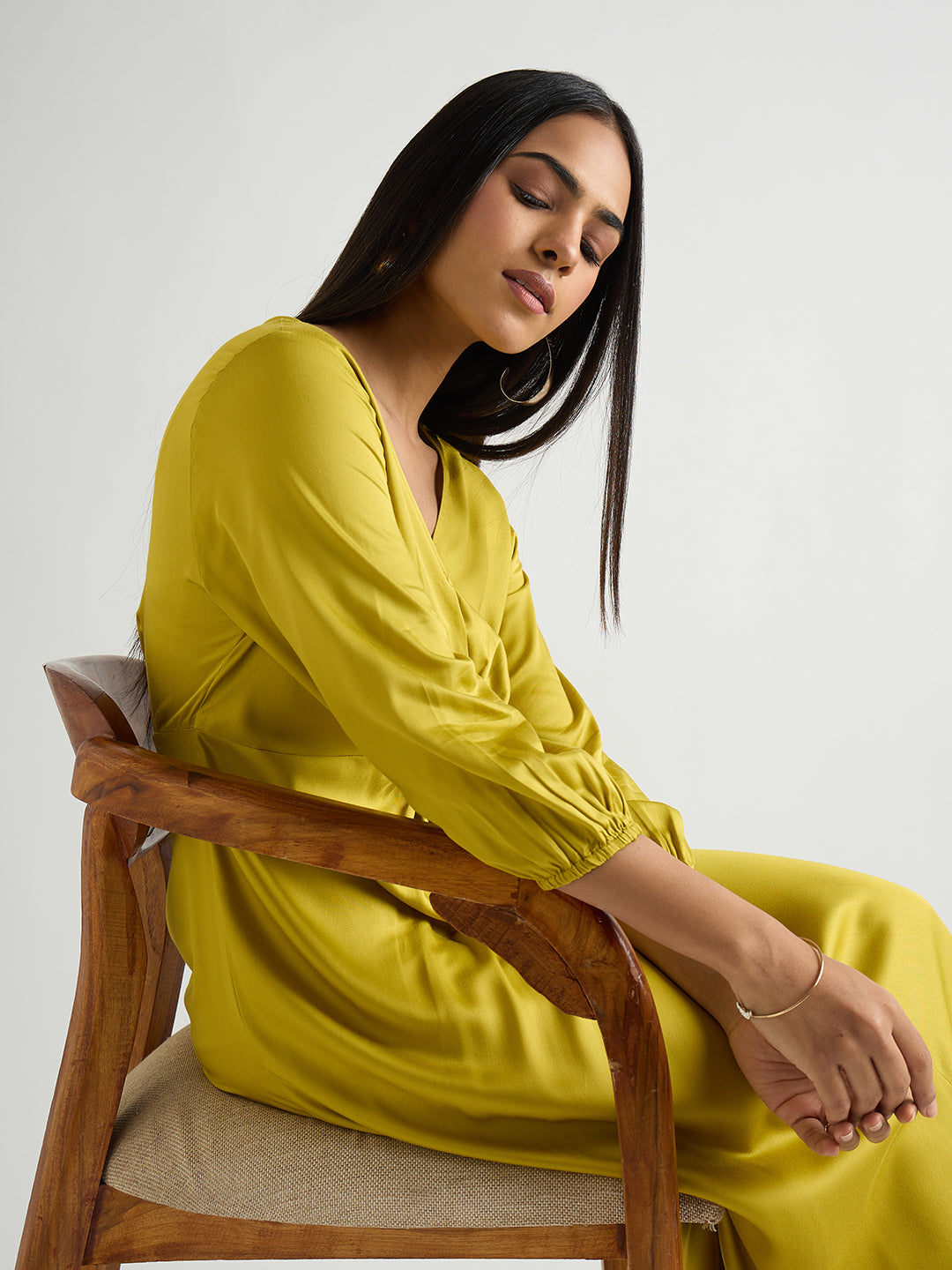 Citrine Green Modal Satin Twist Detail Midi Dress